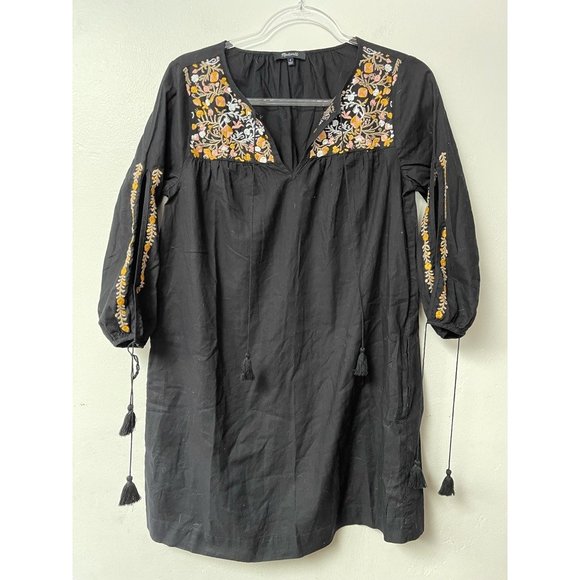 Madewell Tunic Dress Womens S Multicolor Floral Tie Slit 3/4 Sleeve Embroidered - Picture 1 of 9